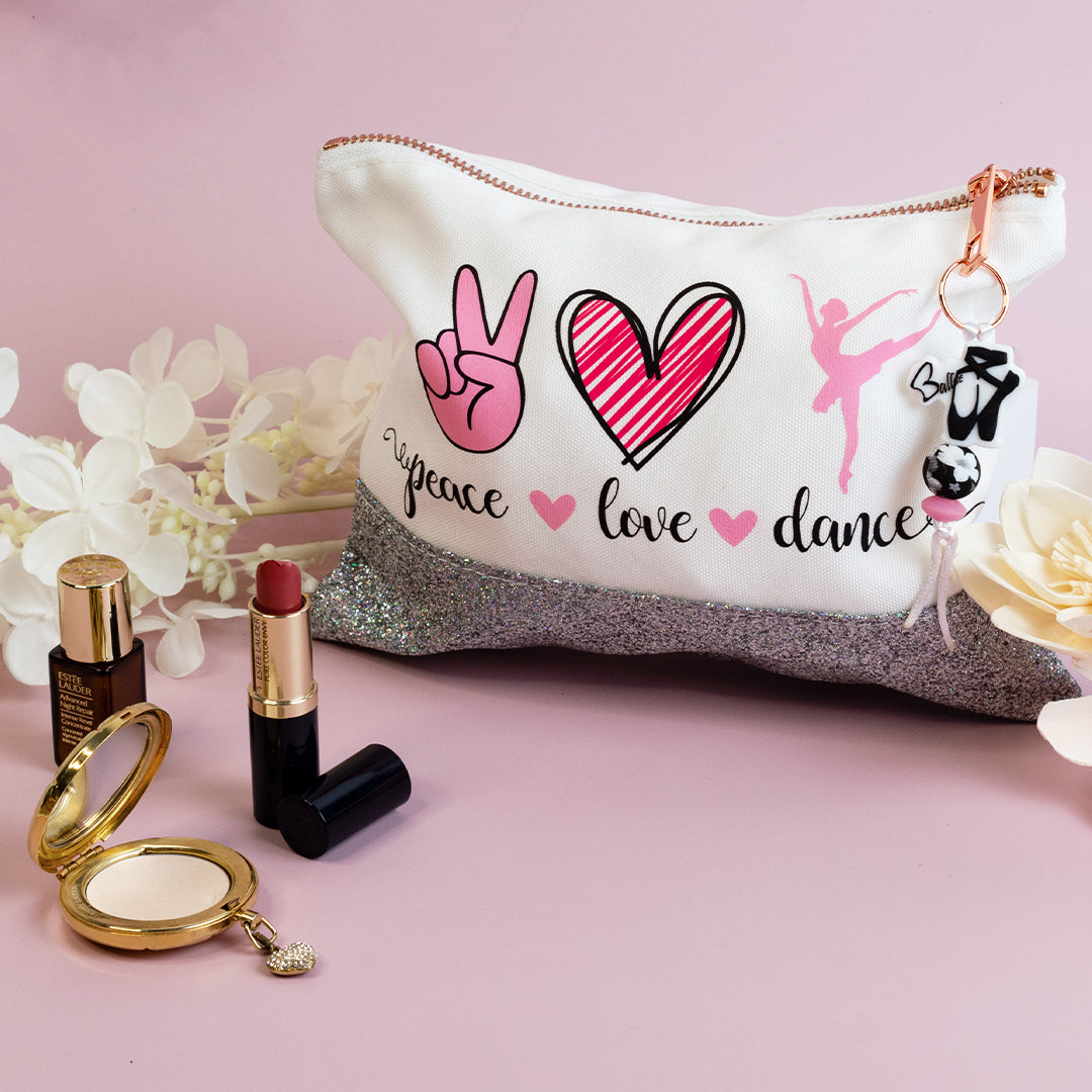 Makeup Pouch Peace, Love, Dance Silver Glitter
